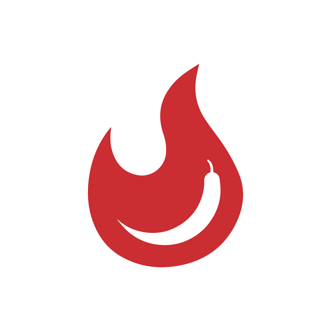 A red flame shape with a white chili pepper inside it, set against a plain light gray background.